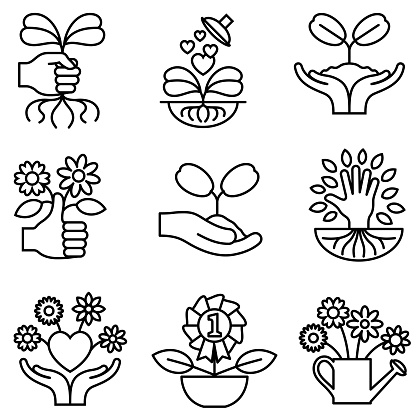 Single color editable outline gardening icons