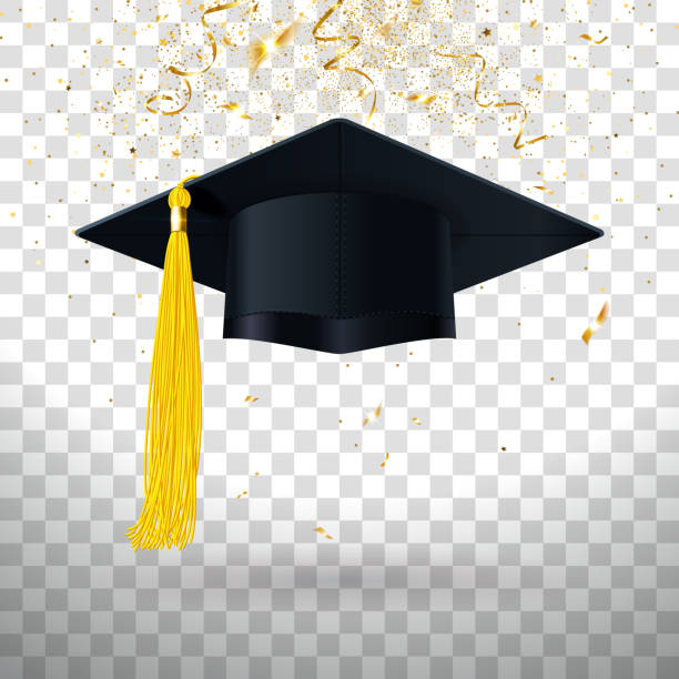 Graduation Cap with Yellow Tassel and Gold Confetti graduation cap with yellow tassel and gold confetti on a transparent background tassel stock illustrations