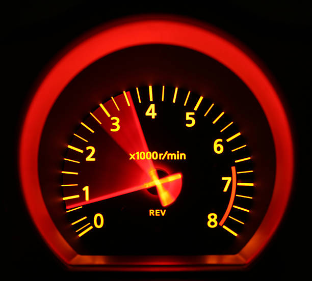 Tachometer Tachometer of a 350Z, revved. Revving stock pictures, royalty-free photos & images