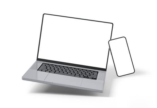 istock Wearable device and smartphone with blank screen flying, isolated on white background 1394018041