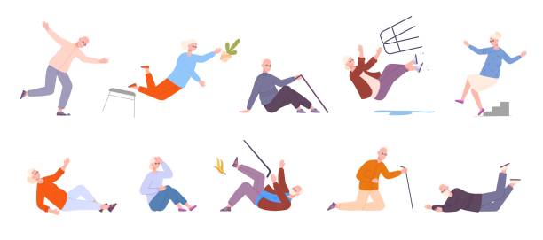 ilustrações, clipart, desenhos animados e ícones de caindo idosos. idoso tonto cai no chão, idoso escorrega no chão, acidente de acidente risco de fratura de idoso cai avó - falling people tripping senior adult