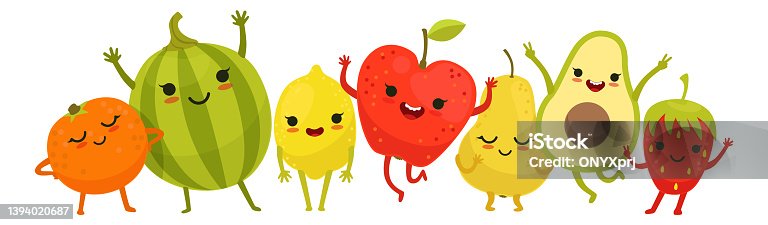 istock Happy fruits jumping. Funny fresh joyfull characters 1394020687