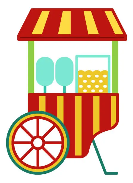 Vector illustration of Street food stand. Red popcorn carnival cart