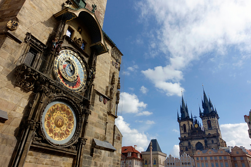 Prague Old Town Square Czech Republic, sunrise city skyline at Astronomical Clock Tower empty nobody