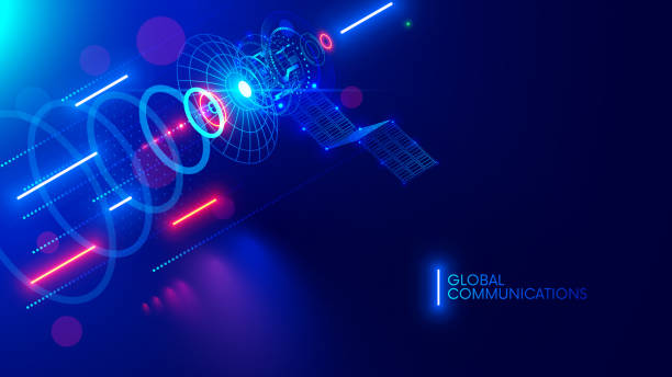 istock Satellite communications abstract banner. Satellite in space transmit wireless signal of global internet. Artificial earth satellite with solar panels on orbit broadcast transmission of internet data. 1394022328