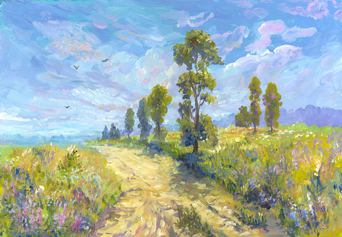 Road on a hot afternoon, oil painting in the style of impressionism