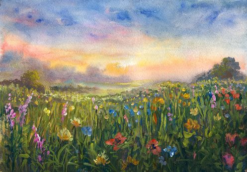 Summer meadow, watercolor painting in the style of impressionism