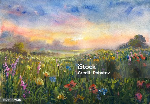 istock Summer meadow, watercolor painting impressionism 1394022936