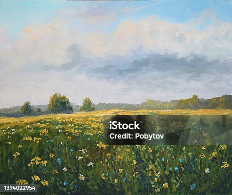 istock Summer meadow, oil painting 1394022954