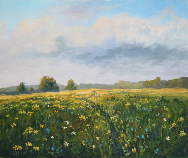 Summer meadow, oil painting vector art illustration