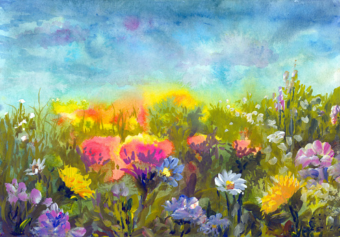 Summer meadow, watercolor painting in the style of impressionism