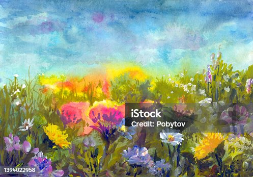 istock Summer meadow, watercolor painting impressionism 1394022958