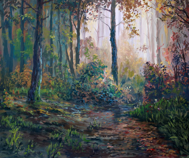 istock Wet autumn forest, oil painting 1394022967