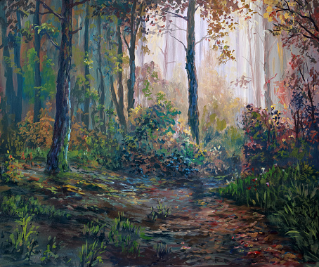 Wet autumn forest, oil painting in the style of impressionism