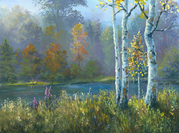 autumn birches by the river, painting river in autumn forest on a sunny day, painting in the style of impressionism riverbank stock illustrations