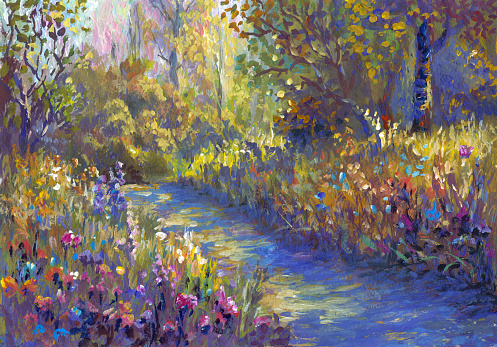 Road on a hot afternoon, oil painting in the style of impressionism