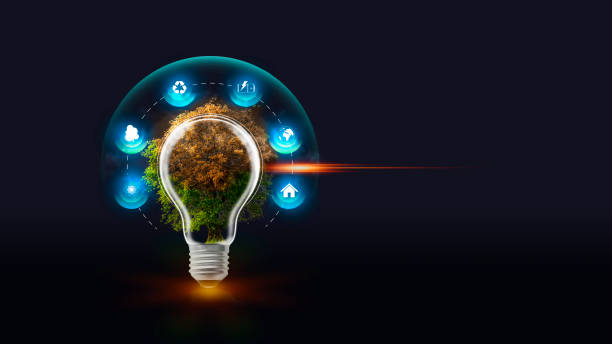 istock Light bulb and Green Trees, Dry Yellow Trees, icon environmental concept. Saving light bulbs and saving world concept, sustainable development. 1394023636