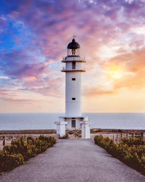 road leading to a lighthouse at sunset