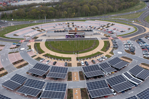 Stourton, Leeds, UK - April 25, 2022.  An aerial view of the newly built Park and Ride  area in Stourton, East Leeds providing parking for people and a bus service to the centre of Leeds city.