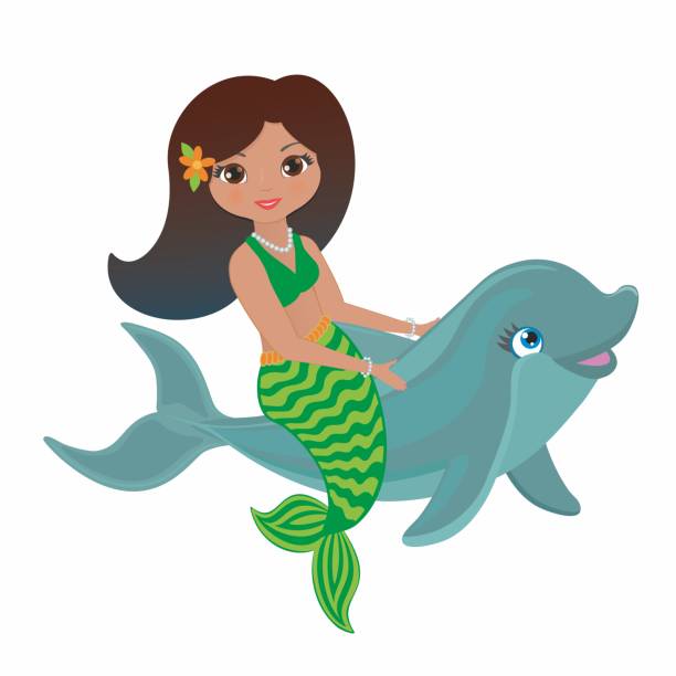 istock Lovely and happy mermaid riding on dolphin calf, fish. Vector illustration. 1394028043