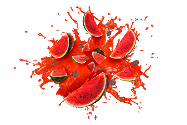 Collection of fresh Watermelon with splashing red juice on white background. Selective focus Collection of fresh Watermelon with splashing red juice on white background. Selective focus watermelon juice stock pictures, royalty-free photos & images