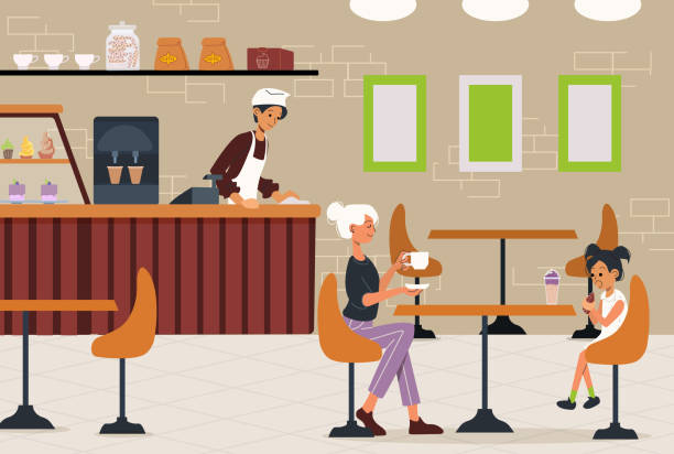płaska ilustracja kawiarni. klienci siedzący przy stole, barista wycierający ladę - vehicle interior restaurant bar bar counter stock illustrations