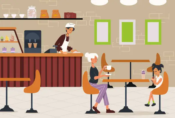 Vector illustration of Flat illustration of a cafe. Customers sitting at a table, barista wiping down the counter