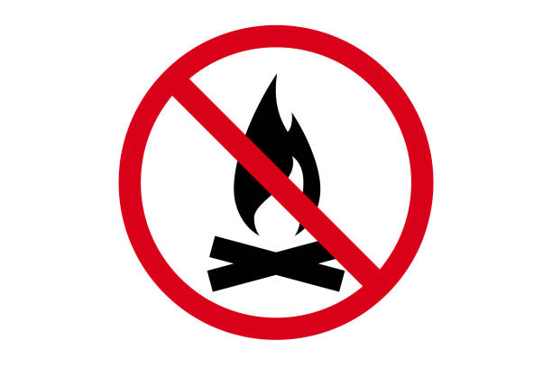 istock Red prohibition sign with a campfire symbol is isolated on a white background. No bonfire allowed icon. 1394028230