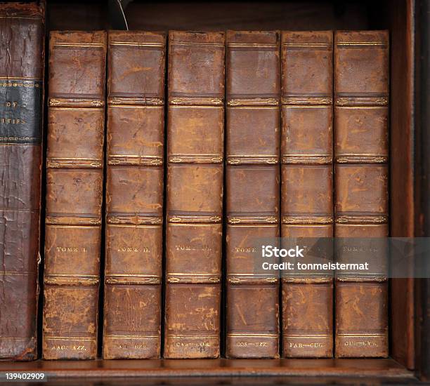 Set Of Six Old Leather Bound Books Stock Photo - Download Image Now - Antique, Book, Bookshelf