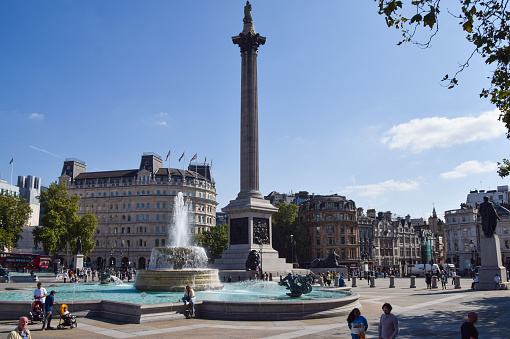 London, UK - September 22 2021: Trafalgar Square with a clear blue sky