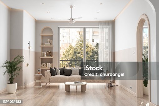 istock Modern Living Room Interior With Sofa, Coffee Table, Parquet Floor And Garden View From The Window 1394034183