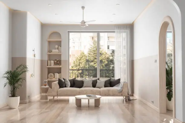 Photo of Modern Living Room Interior With Sofa, Coffee Table, Parquet Floor And Garden View From The Window