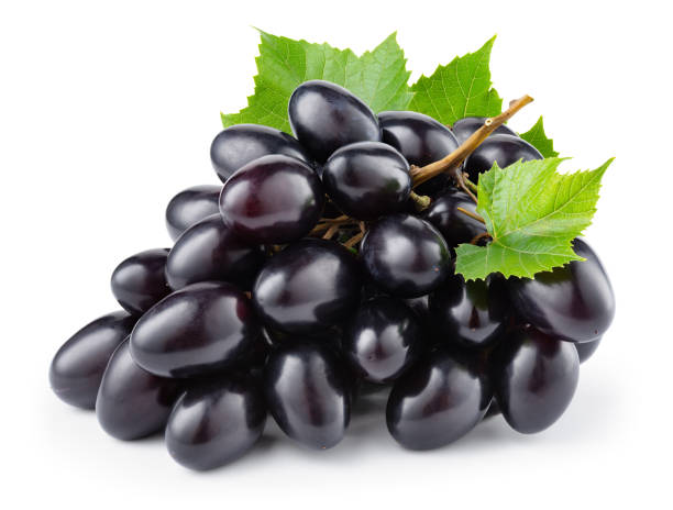 ciemnoniebieskie winogrono izolowane na białym. świeże czarne winogrono z liśćmi. ścieżka przycinania. pełna głębia ostrości. - dark blue grapes zdjęcia i obrazy z banku zdjęć