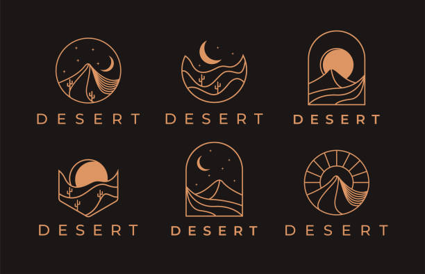 illustrazioni stock, clip art, cartoni animati e icone di tendenza di insieme del logo astratto del deserto del paesaggio esterno giorno e notte con lo stile lineart su sfondo scuro - desert
