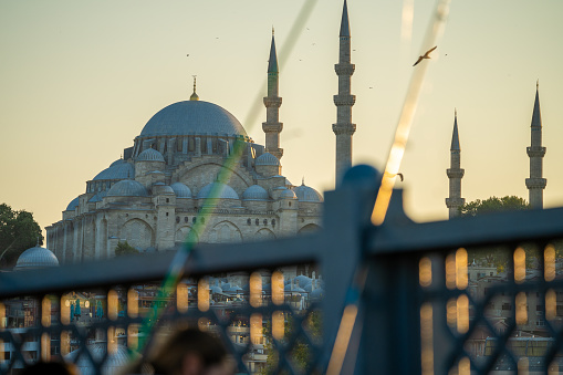 Fishermen with fishing rods on the Galata Bridge overlooking the Suleiman's Mosque during a sunny day on summer