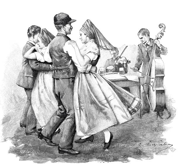 Spreewald, Couples dancing Illustration from 19th century. spreewald stock illustrations