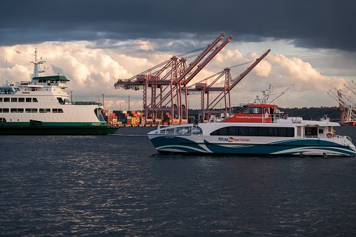 Ronne, Denmark - June 22, 2019. Ferryboat moored in port of Ronne, Bornholm island, Denmark.