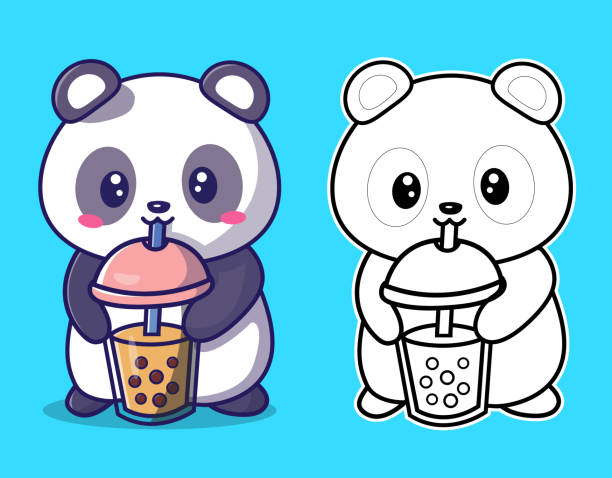 Cute Panda Drinking Boba Tea Milk Cartoon Vector Icon. Animal Drink Icon Concept Isolated Premium Vector Image Isolated. Flat drawing style and outline milk tea logo stock illustrations