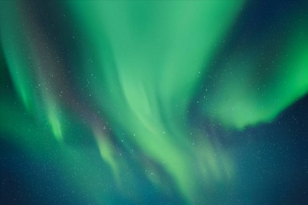 Night starry sky and Northern lights Green aurora borealis romantic sky stock illustrations