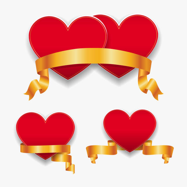 ilustrações de stock, clip art, desenhos animados e ícones de red hearts with gold ribbons. vector illustration. template for valentines day or weddings design. - jubilee bow gift red