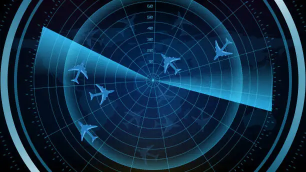 Vector illustration of abstract background of futuristic technology screen scan flight radar airplane route path with scan interface hud