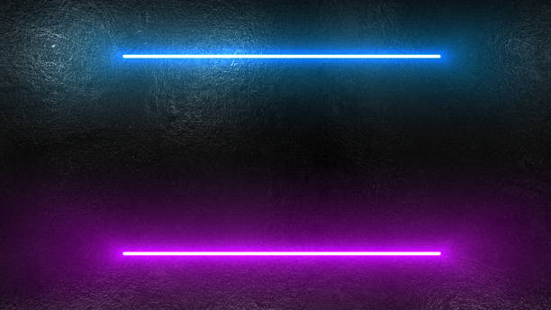 due linee luminose al neon sul muro di cemento - laser lasershow exhibition dancing foto e immagini stock