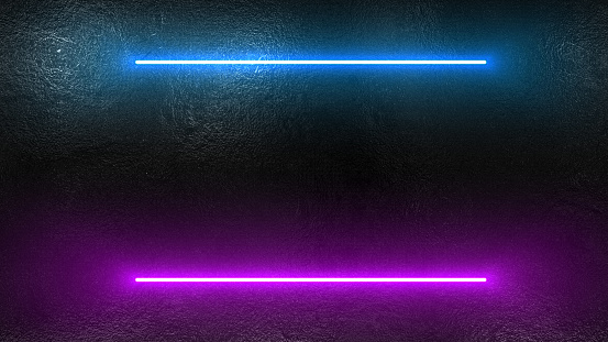 Two bright flashing neon lines of blue and purple on the old concrete wall