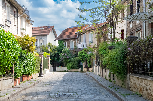 Paris, picturesque neighborhood of the Campagne à Paris, in the 20e arrondissement, wisteria in spring