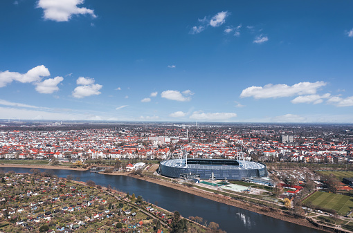 Bremen, Germany - March 2022: Aerial view over Weserstadion, home stadium of 2. Bundesliga football club SV Werder Bremen.