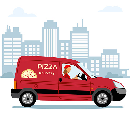 Stock vector hand drawn flat illustration delivery girl courier rides pizza delivery car in the city