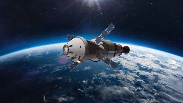 Orion spacecraft flight in space. Spaceship on orbit of Earth. Sci-fi wallpaper. Artemis space program. Expedition to Moon. Spaceship with astronauts. Elements of this image furnished by NASA (url: https://www.nasa.gov/sites/default/files/styles/full_width_feature/public/thumbnails/image/iss066e123388.jpg https://www.nasa.gov/sites/default/files/styles/image_card_4x3_ratio/public/images/719829main_Orion_Arrays_02_full.jpg https://www.nasa.gov/sites/default/files/styles/full_width_feature/public/thumbnails/image/iss060e007297.jpg)