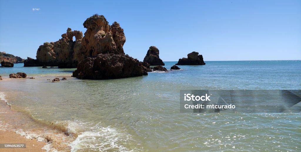 Arrifes Beach, Albufeira, Algarve, Portugal Albufeira, Algarve / Faro District, Portugal: rock formations and Atlantic Ocean at Arrifes Beach ("Praia dos Arrifes") - rock pinnacles / sea stacks. Albufeira Stock Photo