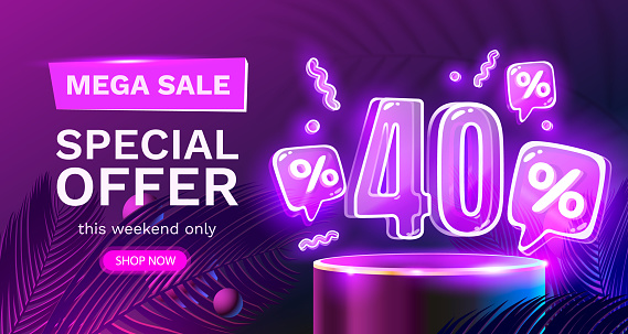 Mega sale special offer, Neon 40 off sale banner. Sign board promotion. Vector illustration