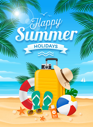 Happy Summer Holidays vector illustration. Summer beach elements with travel suitcase on the background of the beach and palm leafs.